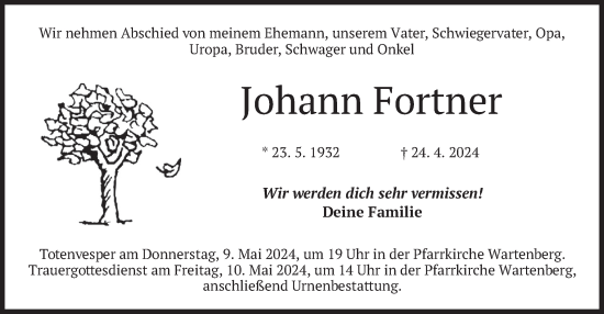 Traueranzeige von Johann Fortner von merkurtz